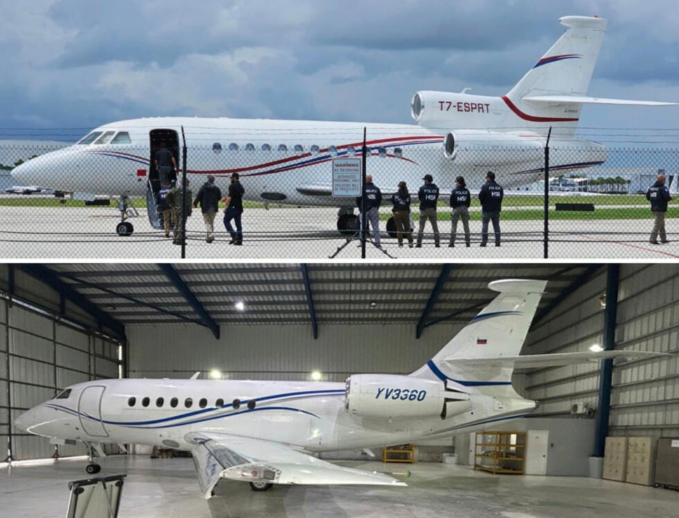 Esta combinación de imágenes obtenidas de 2025 documentos publicados por el Tribunal de Distrito de los Estados Unidos para el Distrito Sur de Florida muestra un Dassault Falcon 900 EX, con el número de cola T7-ESPRT, que fue incautado en Santo Domingo, República Dominicana, a petición de los Estados Unidos en mayo de 2024, arriba, y un Dassault Falcon 2000EX, con el número de cola YV3360, incautado en Santo Domingo a petición de los Estados Unidos en febrero de 2025, abajo.