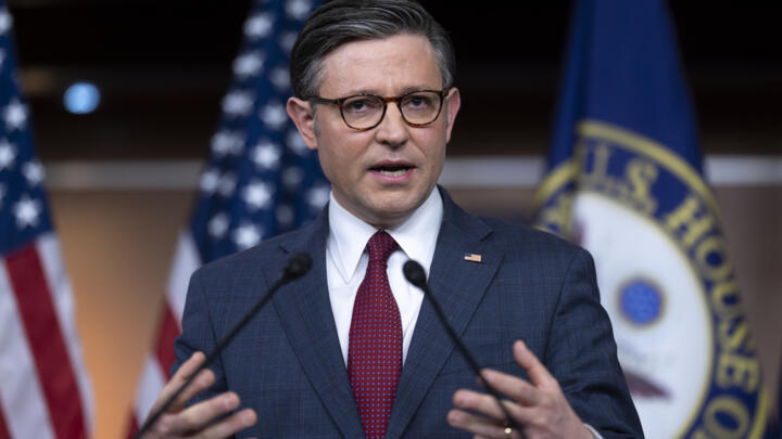 Speaker of the House Mike Johnson, R-La., and the House Republican leadership meet with reporters following a closed-door Republican strategy session as Johnson pushes towards separate votes on aid for Israel and Ukraine, at the Capitol in Washington, April 16, 2024.