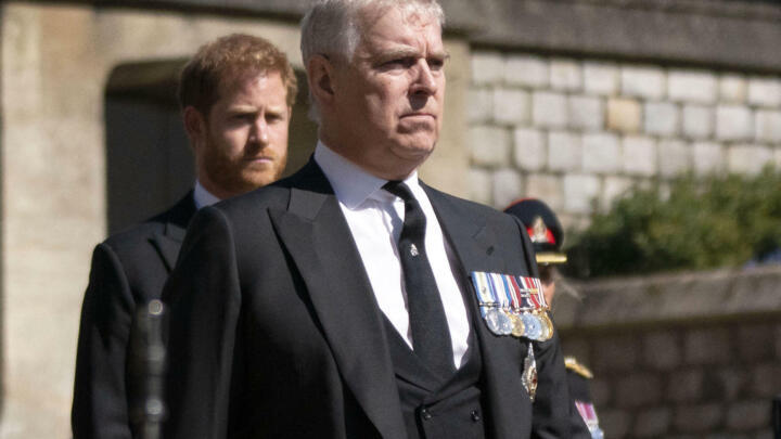 Prince Andrew walks in the procession ahead of his father Prince Philip's funeral at Windsor Castle, Windsor, England, on April 17, 2021.