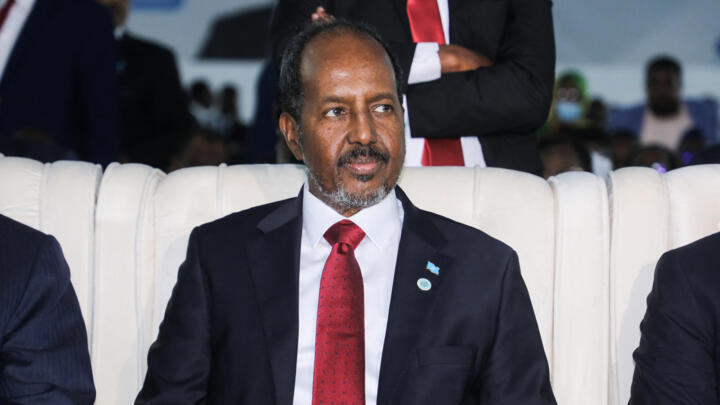 Somalia's new President Hassan Sheikh Mohamud attends his inauguration calemony as the 10th President with the presence of three heads of state, Kenya, Ethiopia, and Djibouti, in Mogadishu, Somalia, on June 9, 2022. 