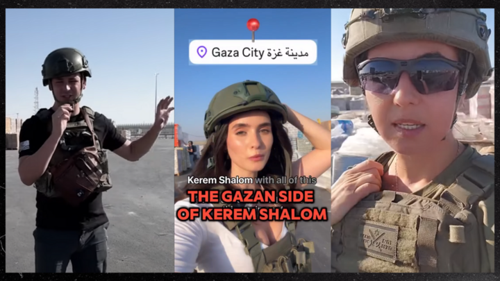 Montage of videographers and influencers filming food aid deliveries at the Kerem Shalom crossing, but which was not distributed in Gaza. They all claim that Israel is doing everything it can to limit famine in Gaza.