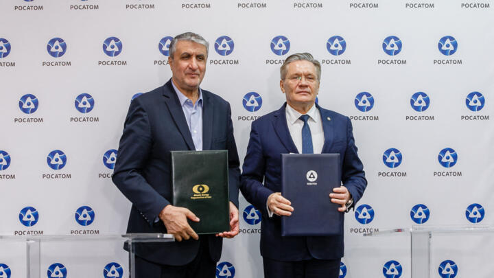 Alexei Likhachev, General Director of Rosatom, meets with the head of the Iranian Atomic agency Mohammad Eslami in Moscow.