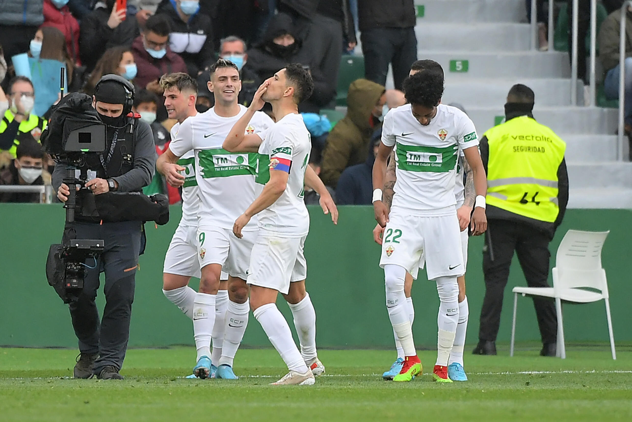 Elche midfielder Fidel Chavez celebrates after opening the scoring at home against Barcelona, on the 27th day of La Liga, March 6, 2022