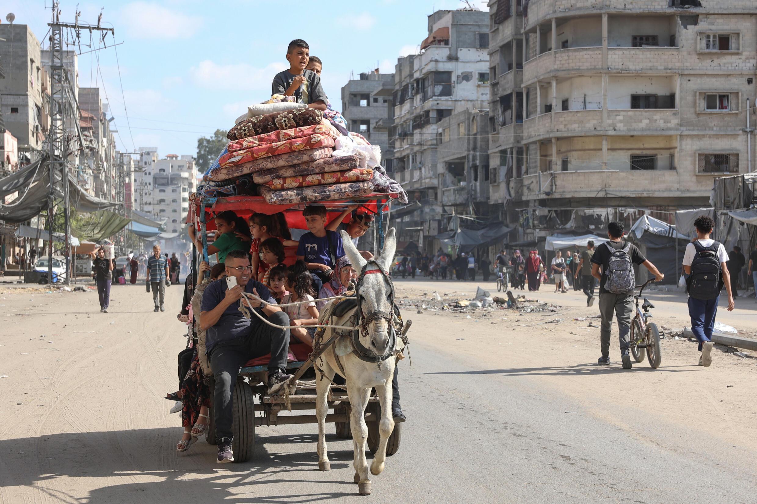 Des Palestiniens transportant des affaires sur une charrette fuient un secteur au nord de la ville de Gaza, le 12 octobre 2024, sur fond de guerre entre le mouvement islamiste Hamas et Israël.