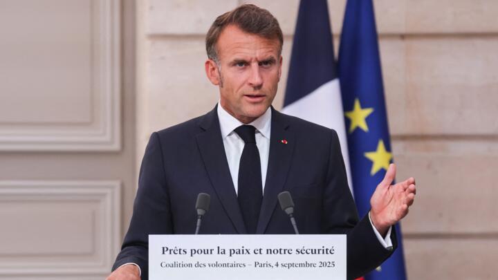 France's President Emmanuel Macron gestures as he speaks during a press conference following the Coalition of the Willing Summit, at the Élysée presidential Palace, in Paris, on September 4, 2025.
