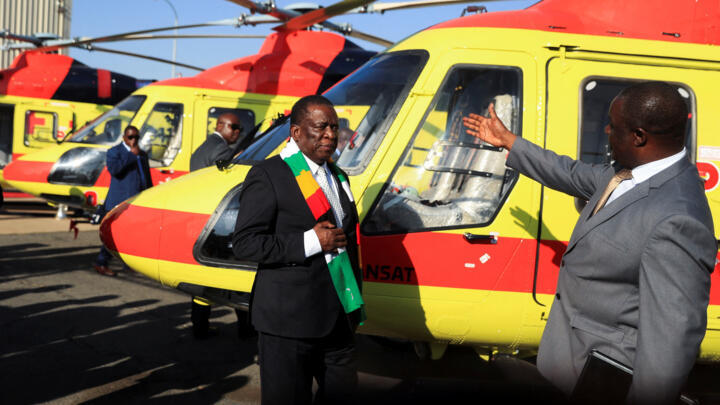 Zimbabwe President Emmerson Mnangagwa attends the handover of a fleet of medical emergency helicopters received from the Russian State Corporation, Rostec, at the Robert Mugabe International airport in Harare, Zimbabwe, May 18, 2023.