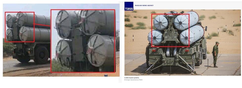 À gauche, une image générée par IA d'un lanceur de S-300 à quatre tubes. À droite, l'arrière  d'un vrai lanceur russe. Détourage par la rédaction des Observateurs de France 24.