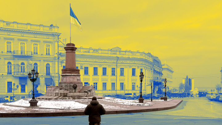 
The statue of Catherine II of Russia in Odesa, Ukraine, pictured here on February 1, 2023, was removed in December and replaced with a Ukrainian flag.