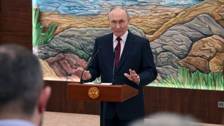 Russian President Vladimir Putin gestures speaking to Russian journalists after the summit of the Collective Security Treaty Organisation (CSTO) in Bishkek, Kyrgyzstan, on November 27, 2025. 