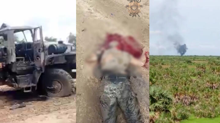The images at left and centre are stills taken from videos filmed by jihadists from the JNIM group on August 1, 2025 that show the lifeless bodies of at least three members of Russia's Africa Corps un