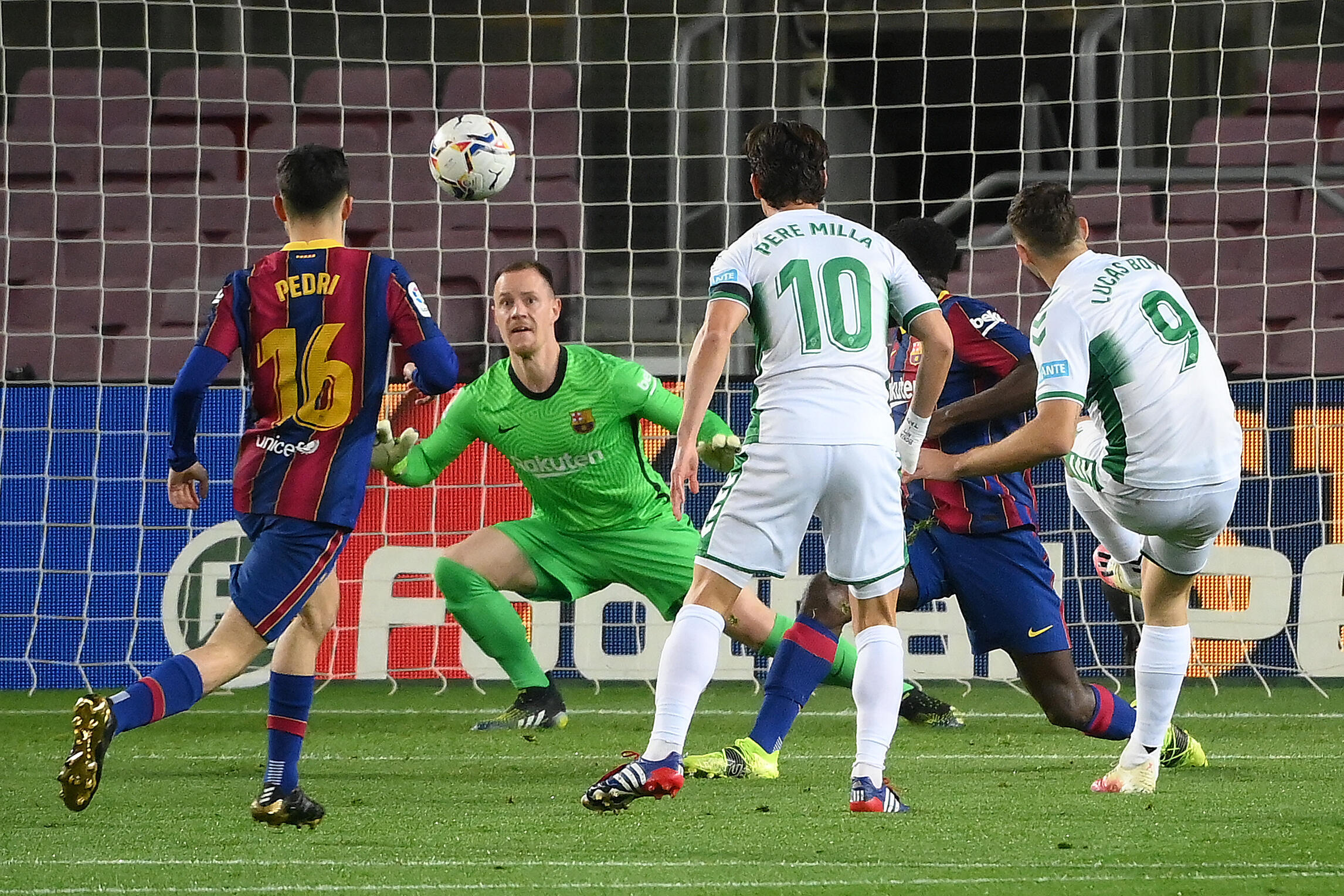 Barcelona's German goalkeeper Marc-Andre ter Stegen during the first round match of the Spanish League against Elche on February 24, 2021 at the Camp Nou