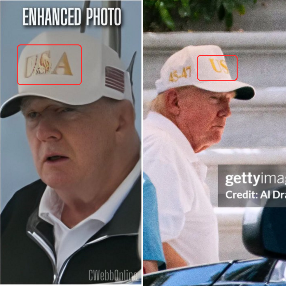 another photo of Donald Trump taken on the same day. Although his face is not clearly visible in the photo on the right, we can see that the cap in the “enhanced” photo has been modified by AI, with the golden “S” in “USA” appearing with red stripes.