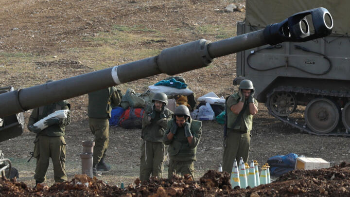 Israeli forces launch artillery fire towards southern Lebanon on October 9, 2023. 