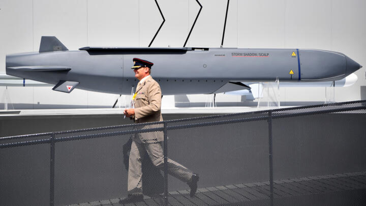 A Storm Shadow long-range missile on display at the Farnborough Airshow in Britain on July 17, 2018.