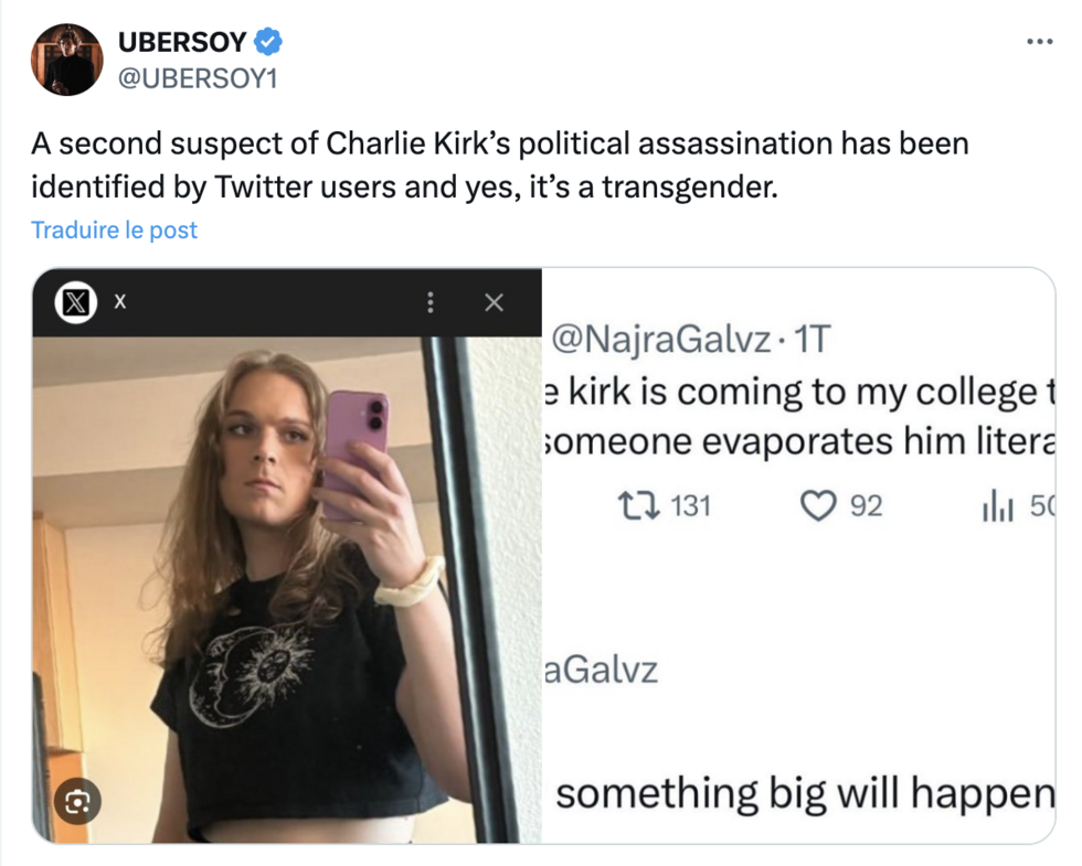 This X post from September 10, 2025 claims that a suspect of Kirk’s killing “has been identified by Twitter users”.