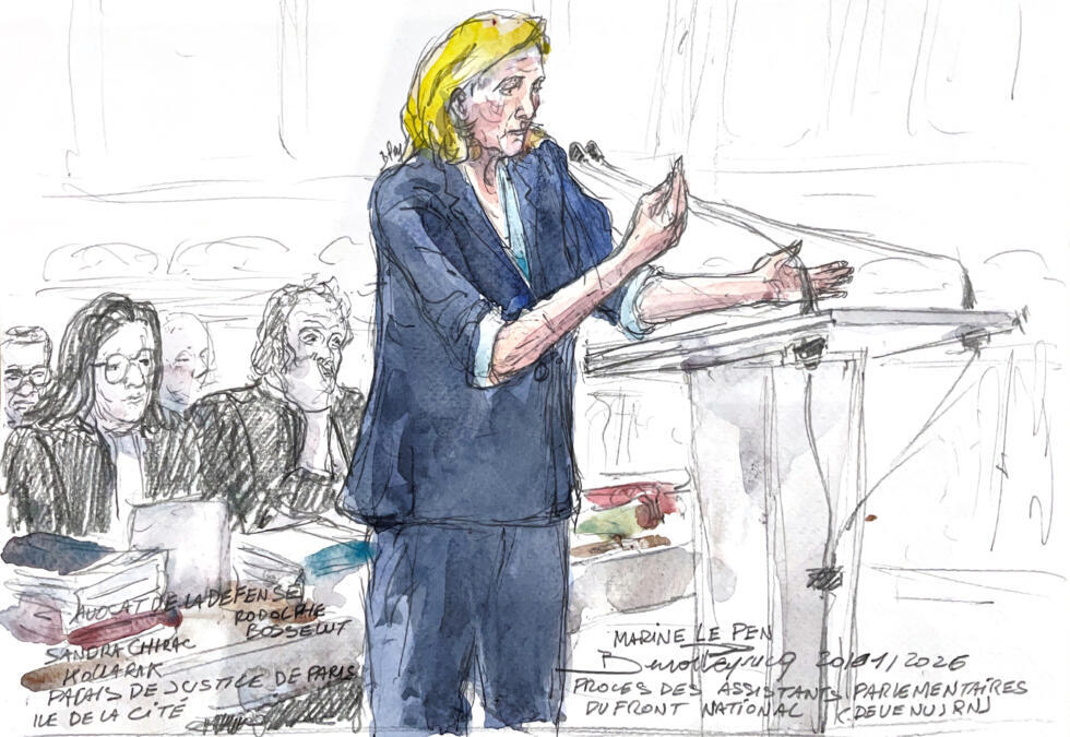 Croquis d'audience, du 20 janvier 2026, montrant Marine Le Pen, présidente du groupe parlementaire du Rassemblement National (RN),  lors de son procès en appel pour détournement de fonds publics