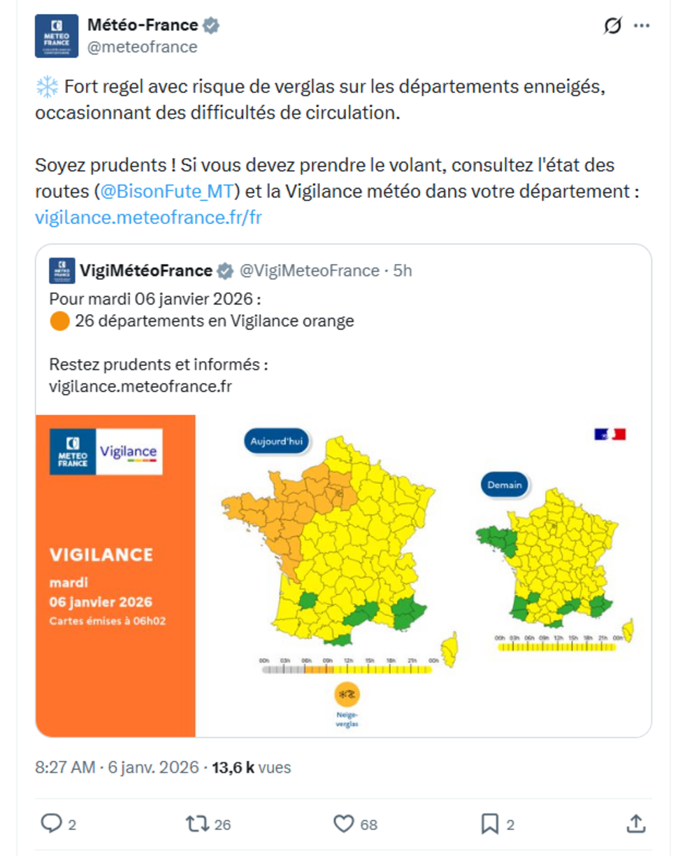 Capture d'écran d'une publication sur X de Météo France, le mardi 6 janvier 2026