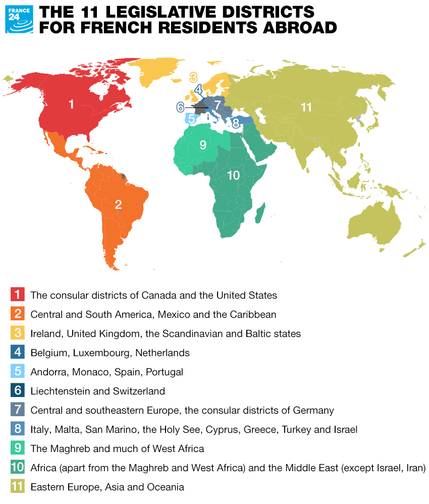 Les Français de l'étranger élisent leurs députés à la chambre basse de l'Assemblée nationale qui représentent 11 provinces du monde.