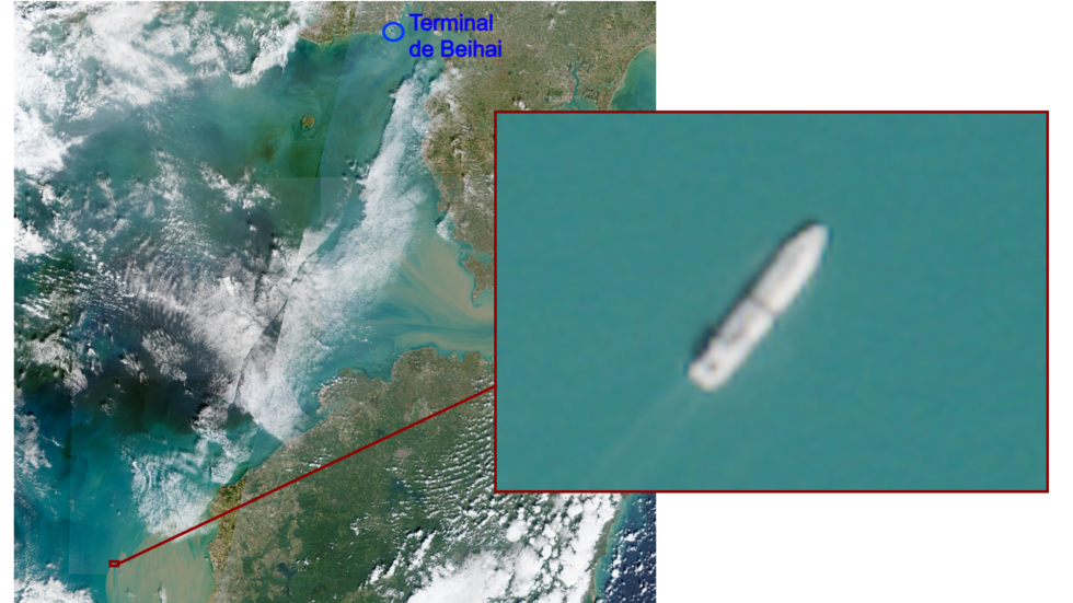 Image satellite du 7 décembre 2025 montrant le méthanier Valera à environ 300 km du port chinois de Beihai.