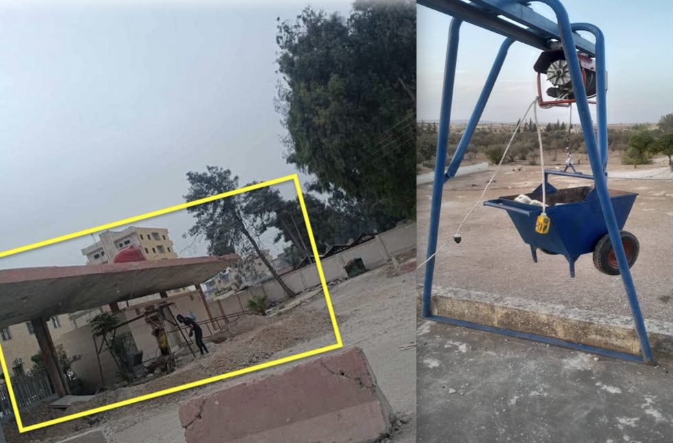 The photo on the left was posted on Facebook on April 24, 2025. It shows a building site near one of the entrances of Raqqa’s National Hospital. The photo at right shows a winch on a metal frame. This tool, called a “raf’a”, is commonly used in construction in Syria.