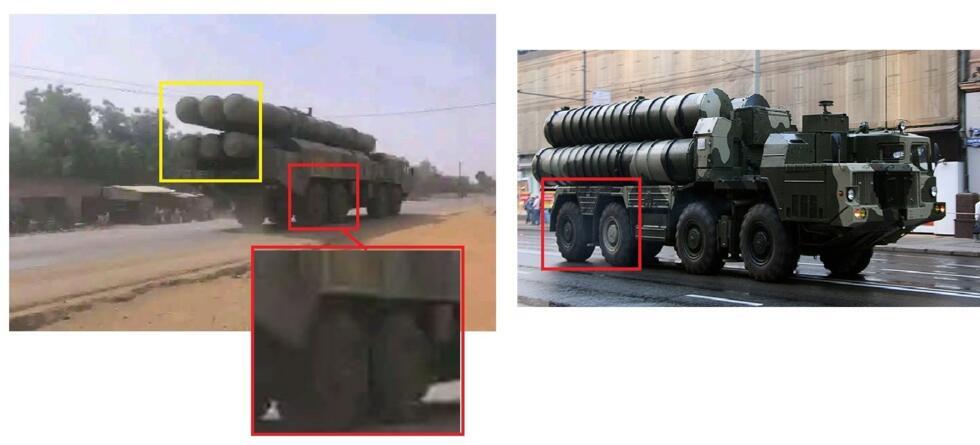 En bas à gauche, une image générée par IA d'un TEL à six tubes. À droite, un vrai TEL russe. Détourage par la rédaction des Observateurs de France 24.