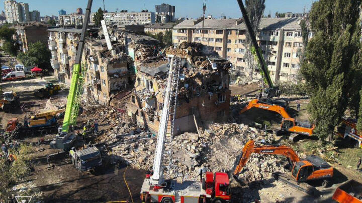 This photograph taken by Ukrainian emergency services shows a building heavily damaged in Kyiv on Thursday, August 28, by deadly Russian strikes.