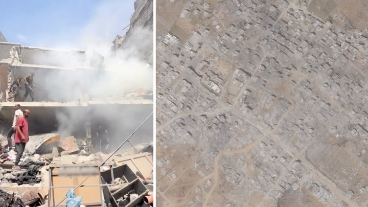 Left: a video published on August 8, 2025, shows the aftermath of an Israeli air strike in Gaza City. Right: an August 19 satellite image shows emptied tent camps and destruction.