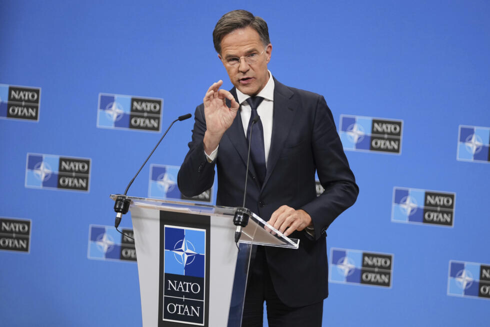 NATO Secretary General Mark Rutte speaks during a press conference at NATO headquarters in Brussels on September 23, 2025.