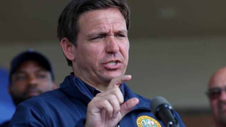 Florida Governor Ron DeSantis speaks in Cape Coral on efforts to help people after Hurricane Ian on October 4, 2022.