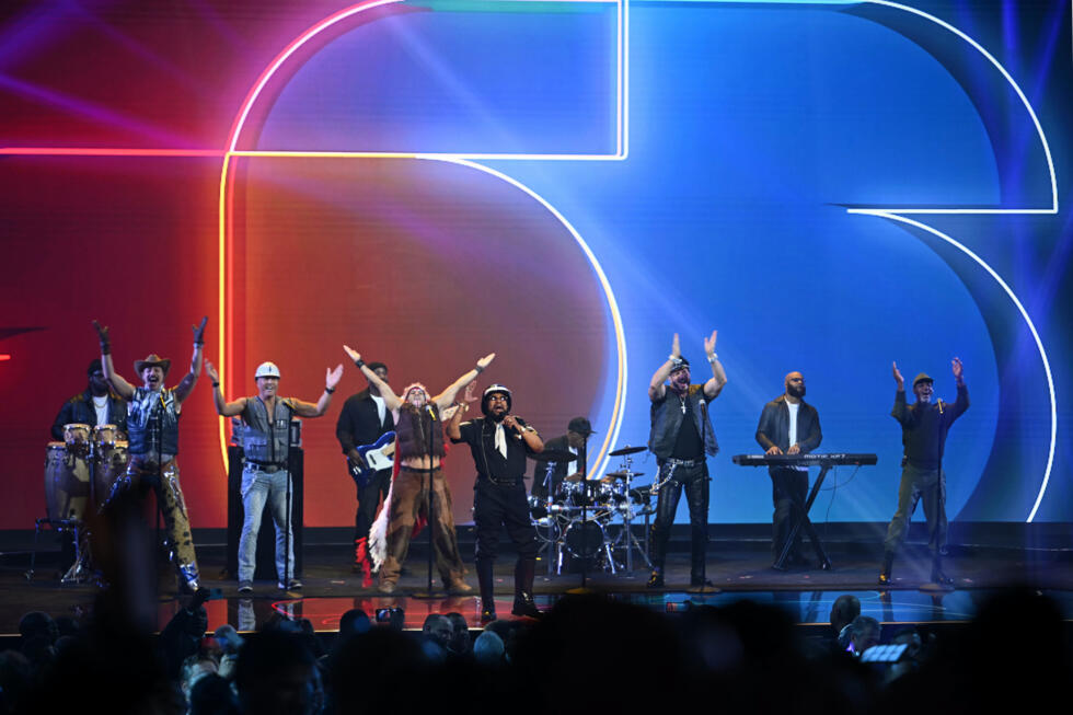 US musical group The Village People perform their hit song 'Y.M.C.A.' on stage during the draw for the 2026 FIFA World Cup taking place in the United States, Canada and Mexico