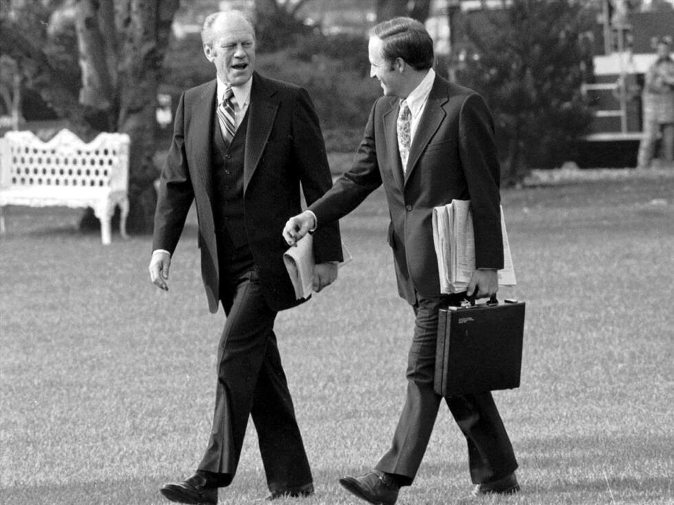 President Gerald Ford and White House chief of staff Dick Cheney in Washington, DC on November 7, 1975.