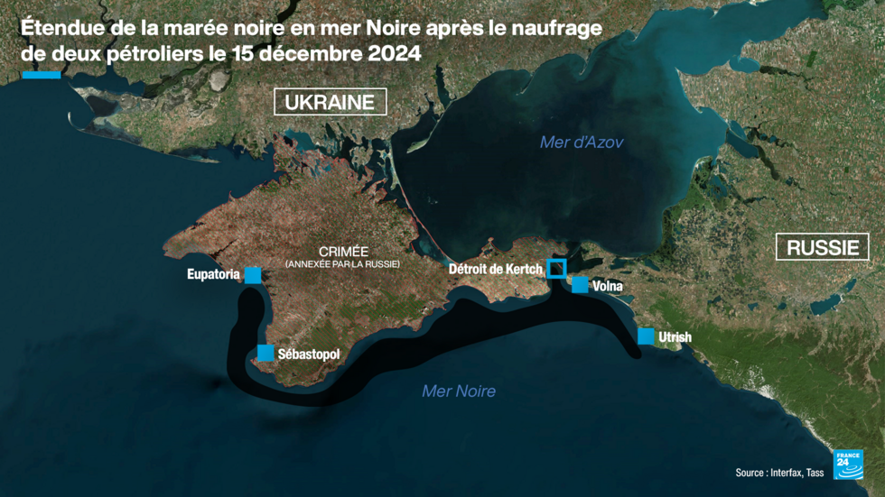 Étendue de la marée noire après le naufrage de deux pétroliers le 15 décembre 2024.