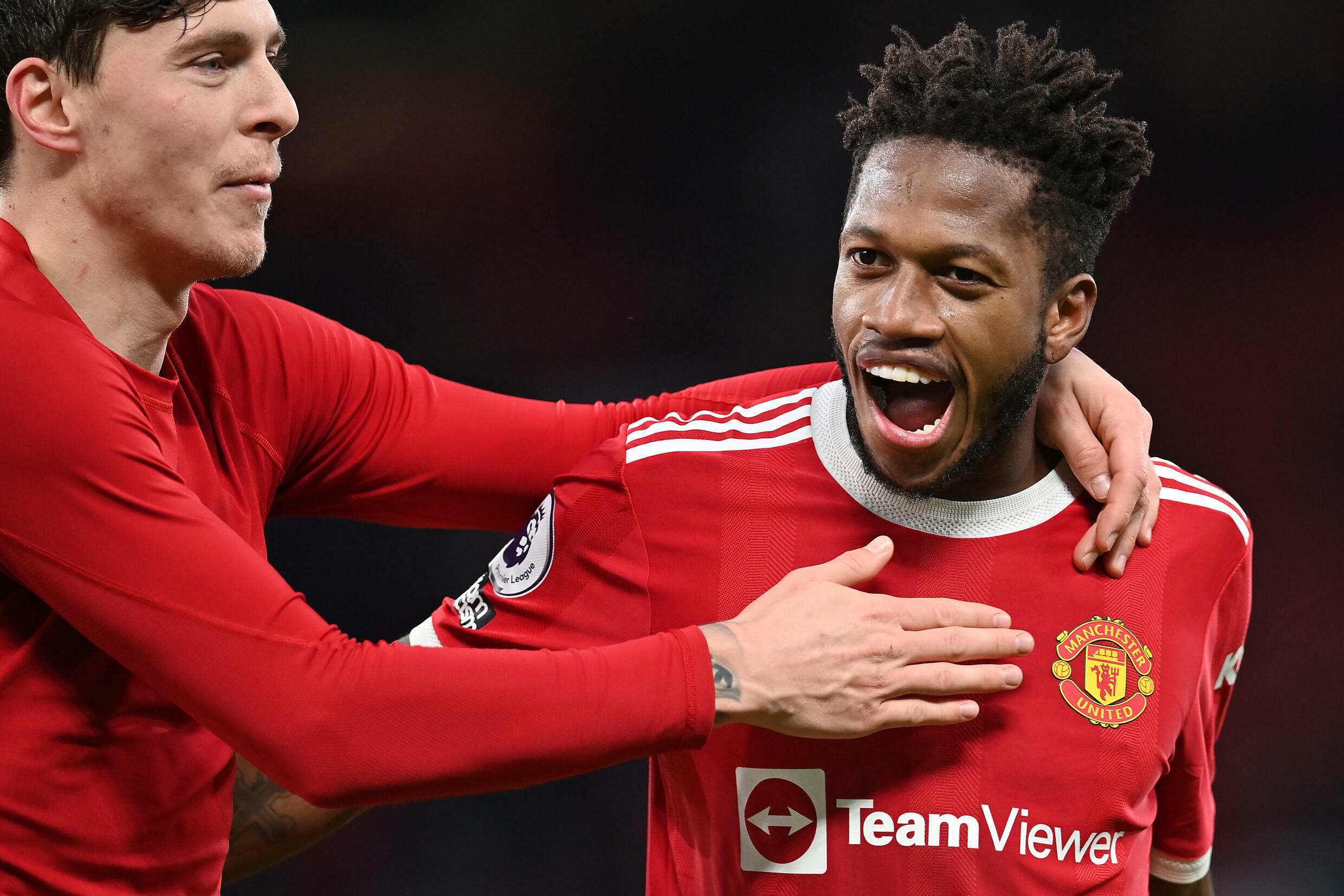 Manchester United's Brazilian midfielder Fred's delight congratulated Swedish defender Victor Lindelof after scoring on home soil against Crystal Palace on December 5, 2021 at Old Trafford Stadium on the 15th of the Premier League.