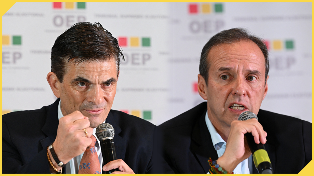 A la izquierda, el senador y candidato presidencial Rodrigo Paz, del Partido Demócrata Cristiano (PDC). A la derecha, el expresidente conservador Jorge "Éste" Quiroga y candidato presidencial de la coalición Alianza Libre. Ambos asistieron a una conferencia de prensa antes del debate presidencial de cara a la segunda vuelta de las elecciones del 19 de octubre. Collage realizado con fotografías de Reuters, por France 24 Español.