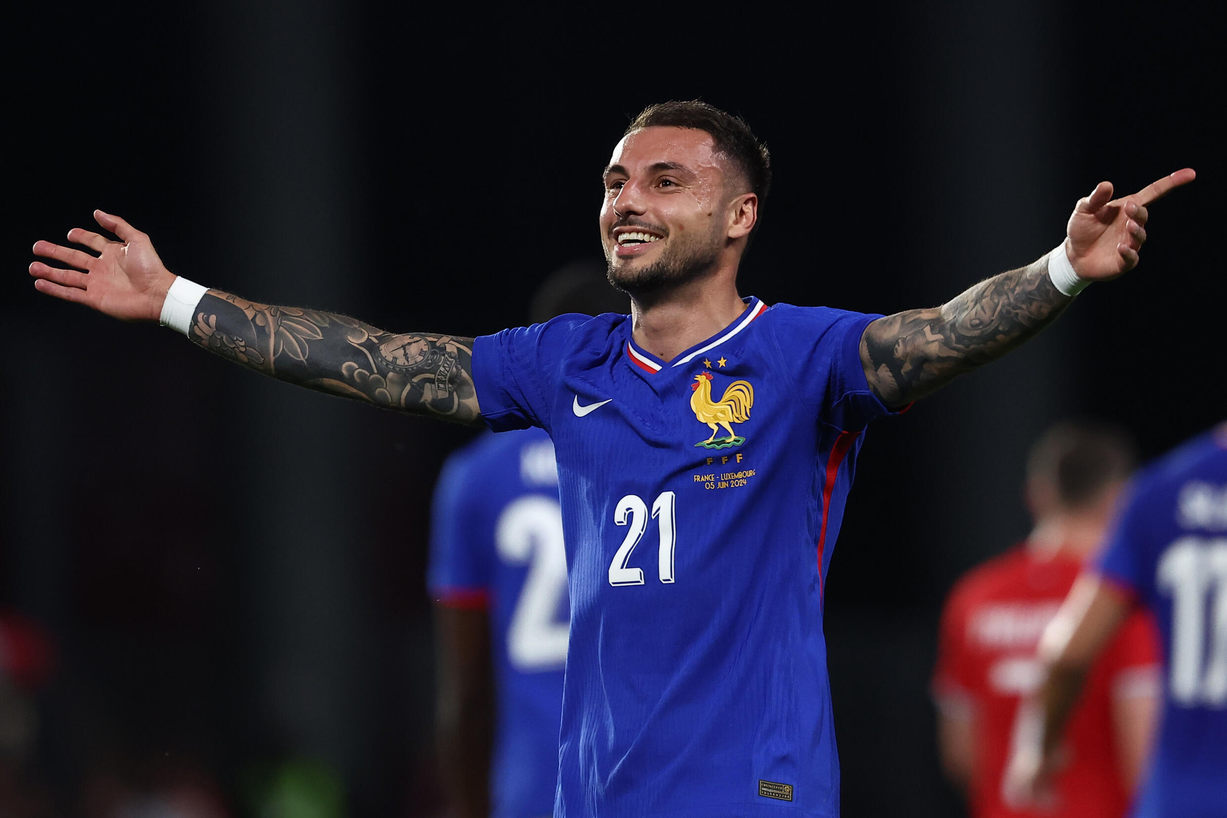 Le défenseur français Jonathan Clauss buteur contre le Luxembourg, le 5 juin 2024 à Metz