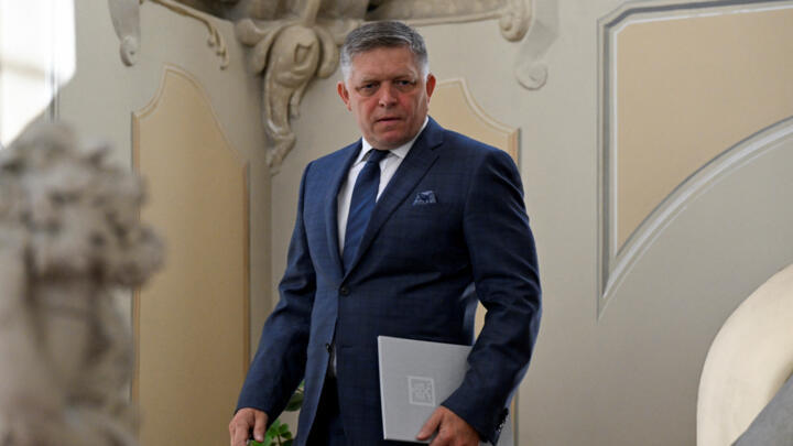 Slovakia's Robert Fico emerges from a meeting with Slovak President Zuzana Caputova in Bratislava on October 2, 2023.
