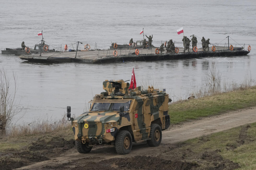 Polish and other NATO troops take part in military drills in Korzeniewo, Poland, on March 4, 2024.