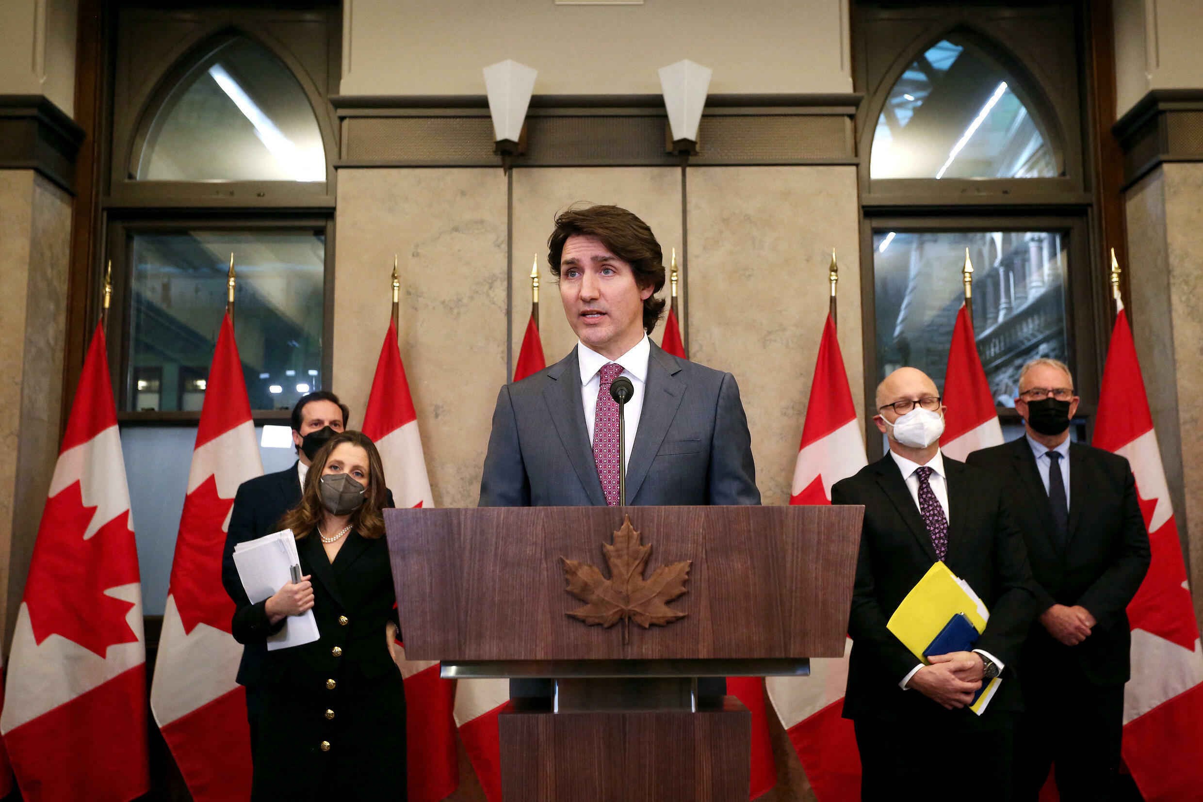 El primer ministro canadiense Justin Trudeau durante una conferencia de prensa el 14 de febrero de 2022 en Ottawa.