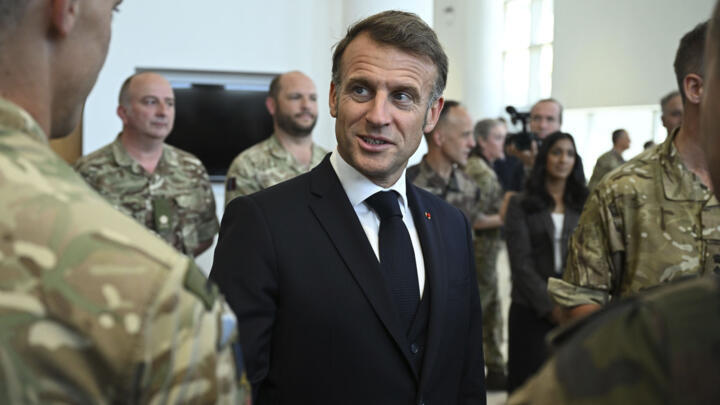 French President Emmanuel Macron in a a joint military visit to the MARCOM centre, maritime command centre in Northwood, London, Thursday July 10, 2025.