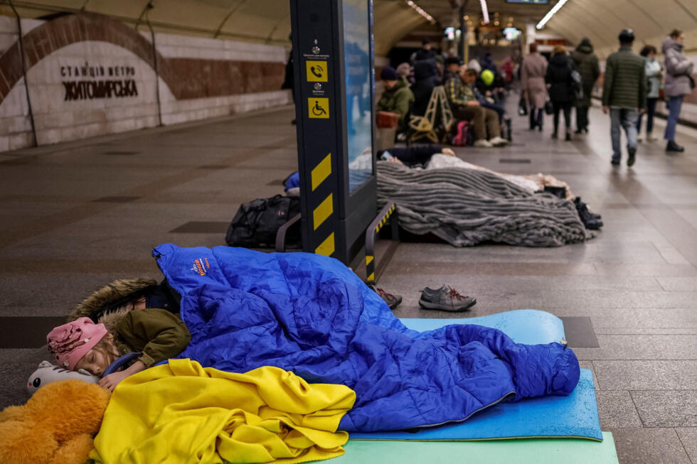 People take shelter inside a metro station during a Russian attack in Kyiv, Ukraine on November 19, 2025.