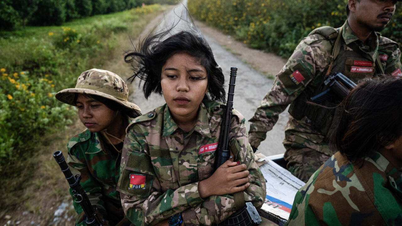 Female members of the Mandalay People's Defense Forces (MDY-PDF) head to the frontline amid clashes with the Myanmar military in northern Shan State.