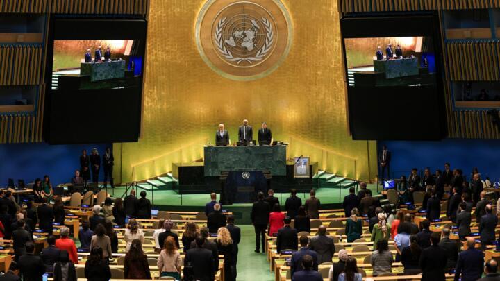 United Nations Secretary General Antonio Guterres (L) attend a UN General Assembly tribute to the late Pope Francis at UN headquarters in New York on April 29, 2025.