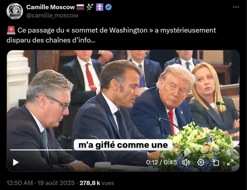 Cette vidéo publiée le 19 août 2025 par le compte pro-russe Camille Moscow où Emmanuel Macron évoquerait la gifle qu’il aurait reçue de la part de Brigitte Macron a été générée par IA.