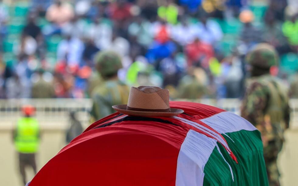 Former Kenyan opposition leader Raila Odinga's signature cowbot hat lies on top of his coffin in Nairobi, Kenya, October 17, 2025.