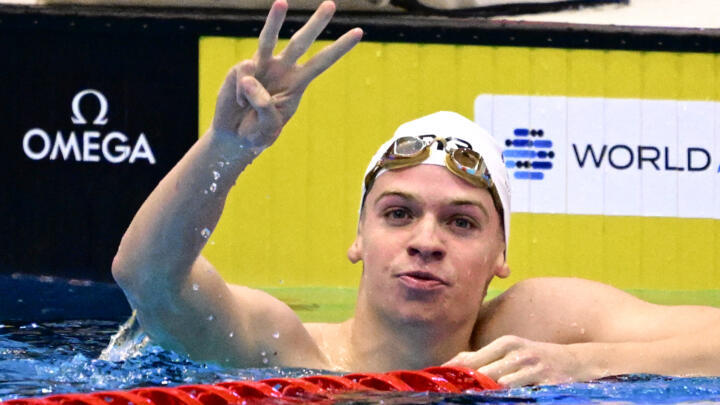 France's Leon Marchand celebrates after victory in the final of the men's 200m individual medley swimming event during the World Aquatics Championships in Fukuoka on July 27, 2023. 