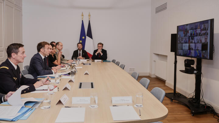 French President Emmanuel Macron attends a video conference of the 'Coalition of the Willing' on Ukraine at the Elysee Palace in Paris, France.