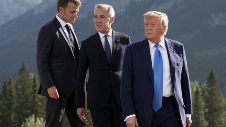 From left, French President Emmanuel Macron, Canadian Prime Minister Mark Carney and President Donald Trump at the G7 Summit in Kananaskis, Alberta, Monday, June 16, 2025.