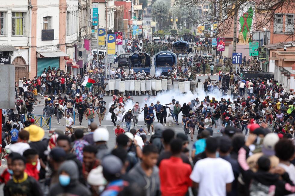 This file photo shows demonstrators protesting against chronic electricity and water cuts confront riot police in Antananarivo, Madagascar, on September 30, 2025