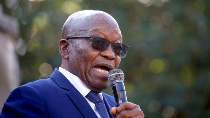 Former South African president Jacob Zuma speaks to supporters after appearing at the High Court in Pietermaritzburg, South Africa on May 17, 2021.
