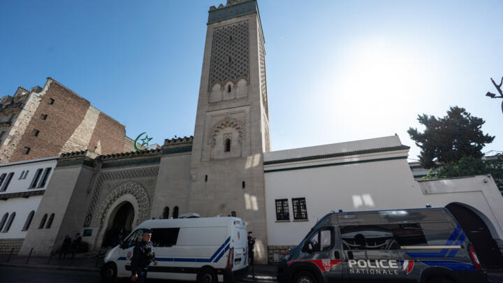 French police officers can be seen in front of the mosque prior at the Grand Mosque of Paris, on May 5, 2025.